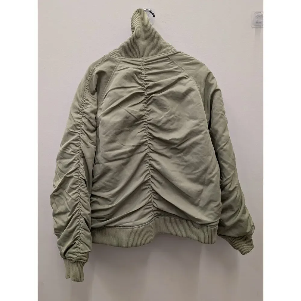 KBB Women’s Oversized Bomber Jacket Sage Green Ruched Sleeve Zip-Up Size S - Picture 2 of 8